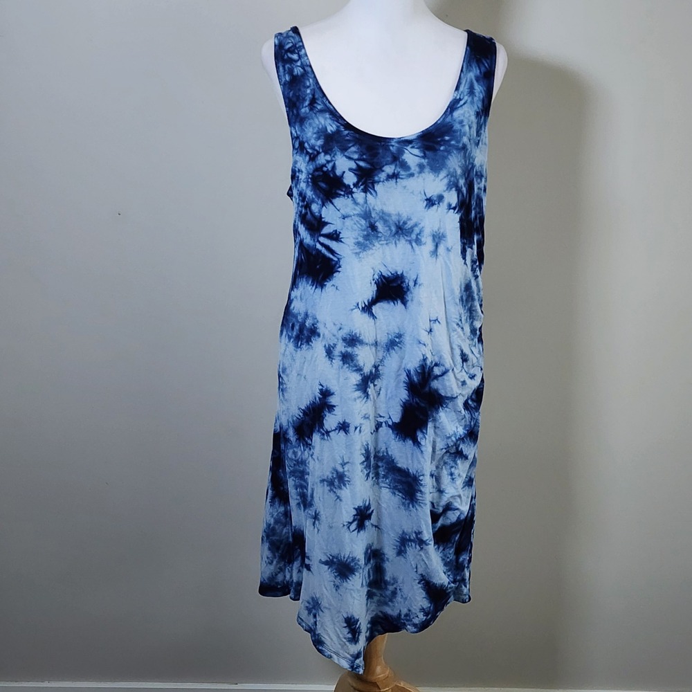 Tie Dye Dress Womens Large Blue Sleeveless Ruched Side Hippie Festival Boho